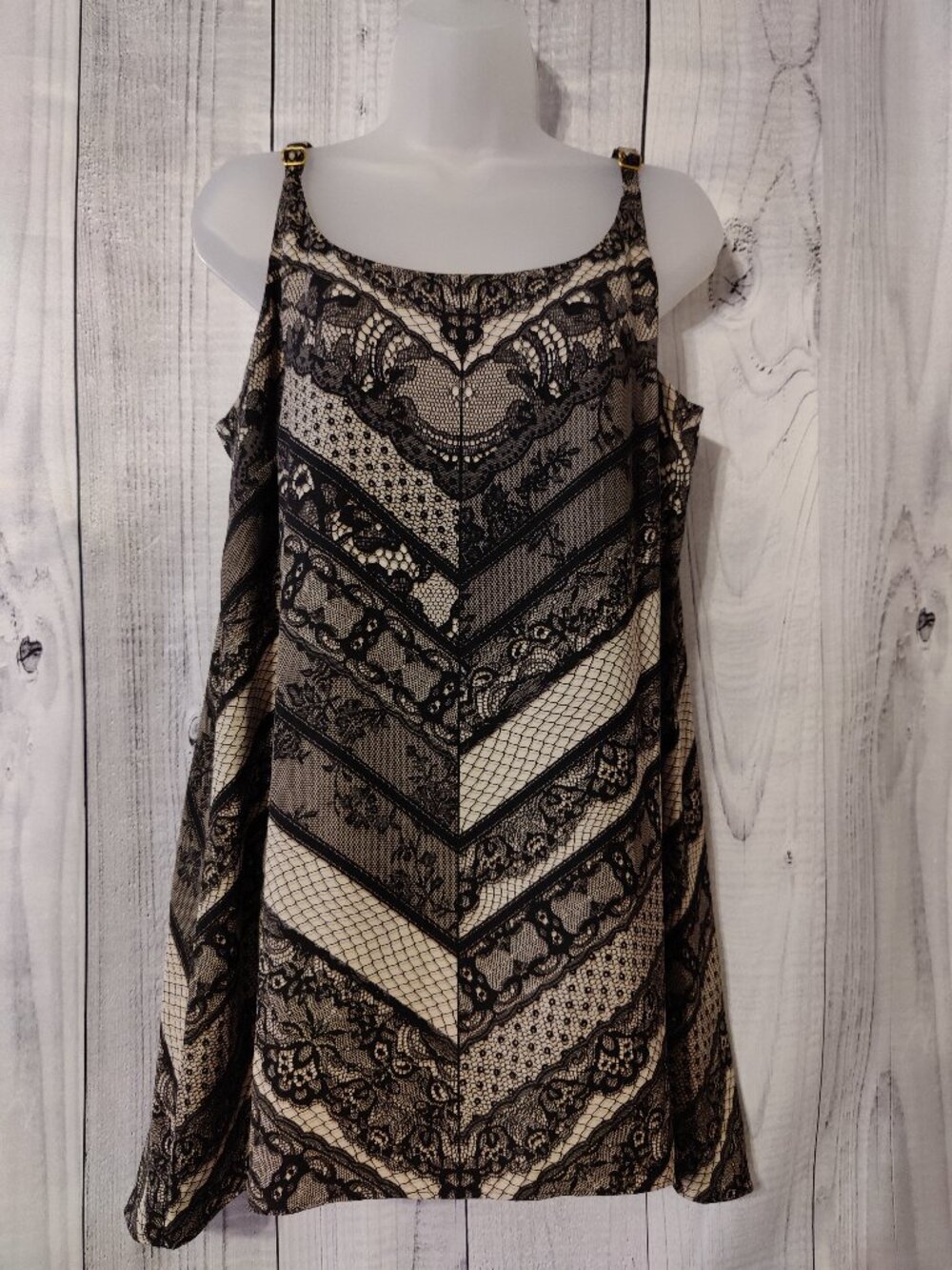 CAbi Black & Cream Lace-Print Chevron Cami Top